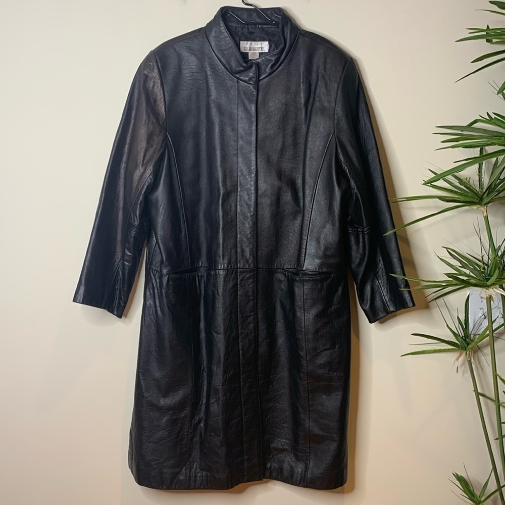 Silhouettes 100% Leather Black Button Down Mandarin Collar Lined Overcoat Jacket